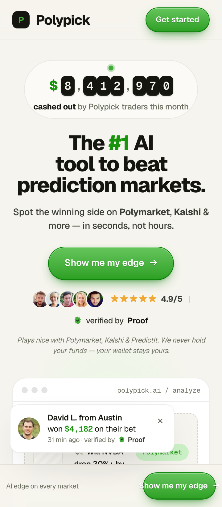 Polypick homepage at 360 px: payout counter, "won $4,182" notification, five stock avatars
